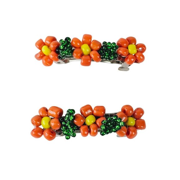 Unbranded Other - Vintage 1980's Orange Beaded Flower Mini Barrette Set